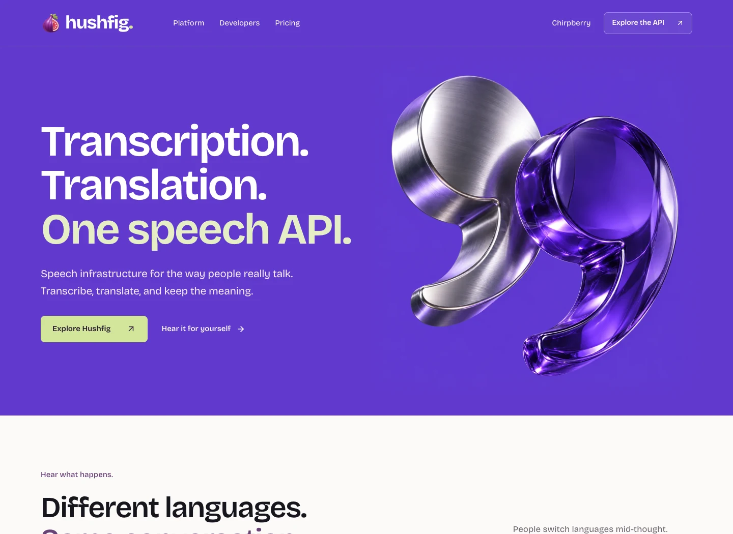 Hushfig website with sculptural quotation marks on a vivid purple background.