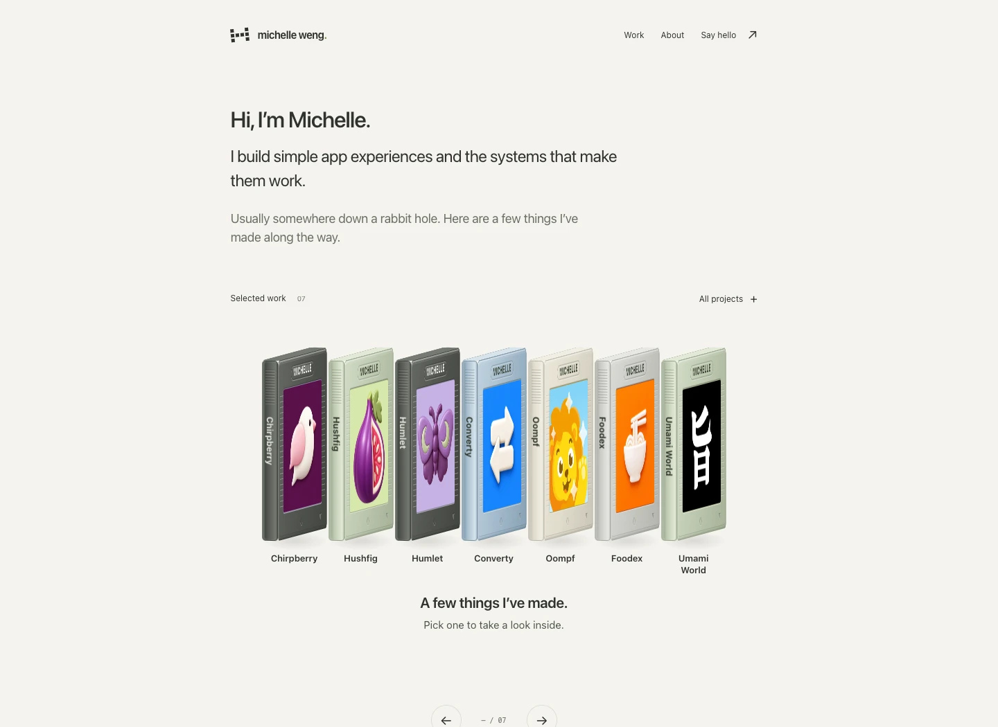 Michelle Weng’s personal portfolio, presenting projects as illustrated game cartridges.