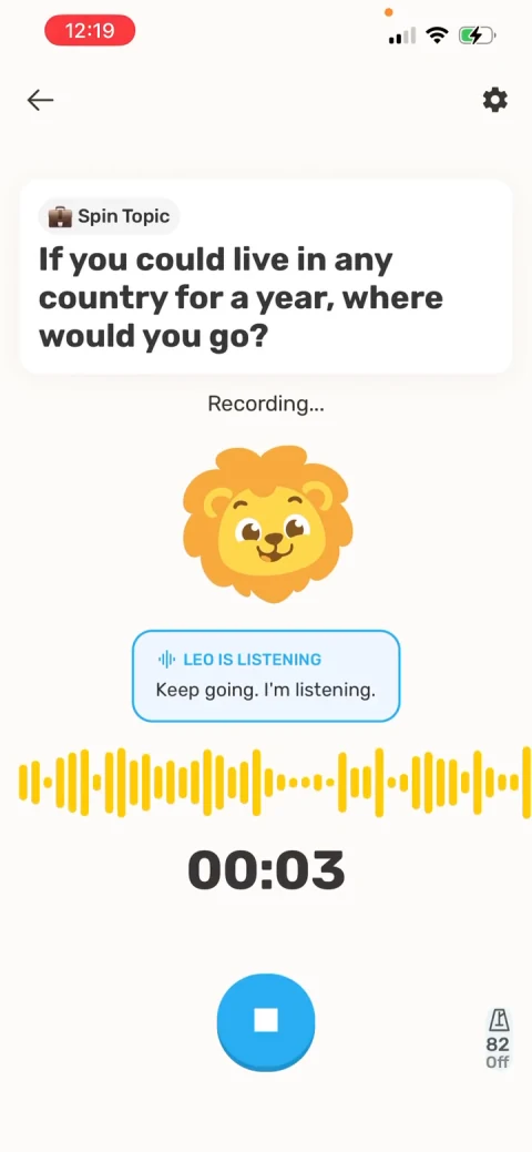 Oompf’s speaking practice screen with a prompt, recording timer, and listening feedback.